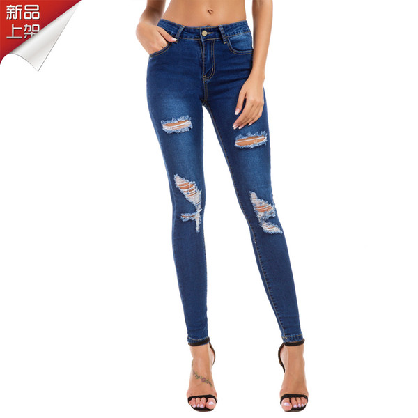 Woman Jeans Fashion Casual Blue Ripped Hole Denim Pencil Pants 2019 Female Spring Summer Elastic Skinny Jeans Plus Size