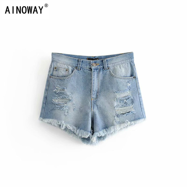 Vintage chic summer women high-waist Ripped washed shorts casual ladies blue jeans with zipper denim shorts oversize