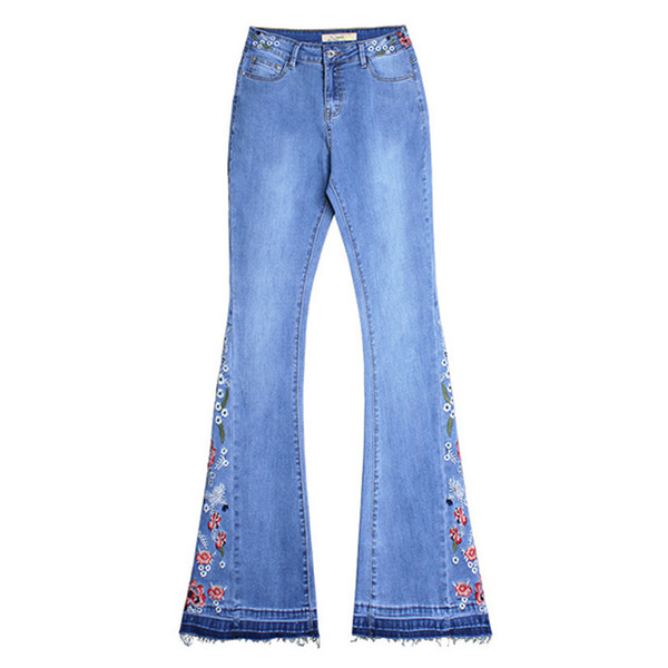 ABOORUN Fashion Women Flower Embroidery Flare Jeans Vintage Loose Wide Leg Denim Pants for Female ZC1025