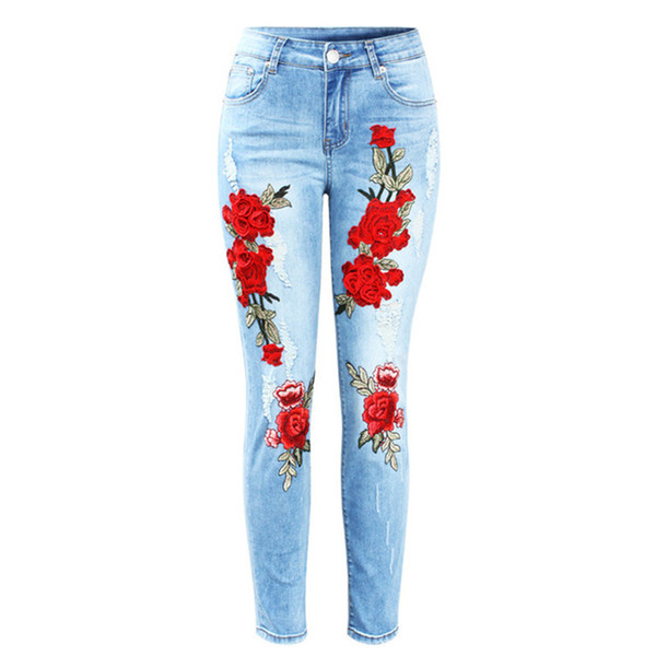 Fashion New Plus Size Stretchy Ripped Jeans with Scuffs Mid Waist Embroidery Flowers Vintage Woman Denim Pants Trousers for Women Jeans