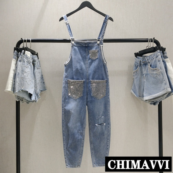 European High Waist Cowboy Pants Women 2019 Spring and Summer Hot Drill Jumpsuit Broken Hole Denim Overall Rompers