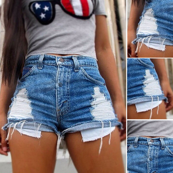 Wholesale- UK Seller Sexy Women Jeans Vintage High Waist Hole Short Jeans Denim Sexy Shorts