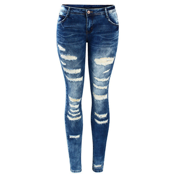 Women`s Celebrity Style Fashion Blue Low Rise Skinny Distressed Washed Stretch Denim Jeans for Women Ripped Pants