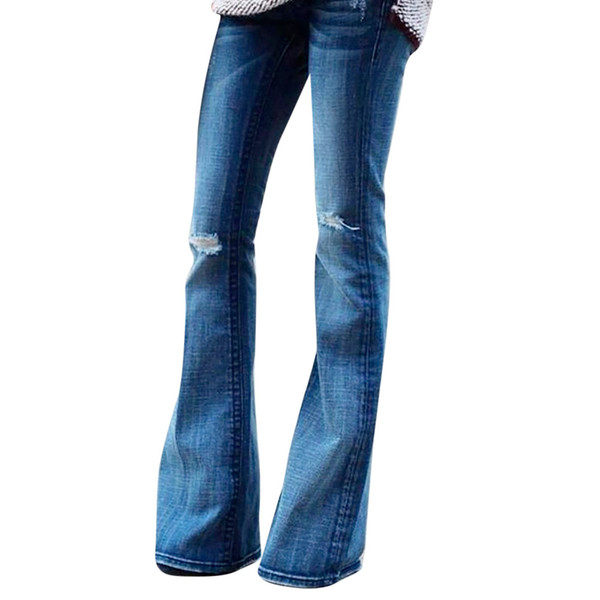 Fashion Women Jeans Denim Hole Female Mid Waist Stretch Slim Flare Pants Jeans de mujer *40