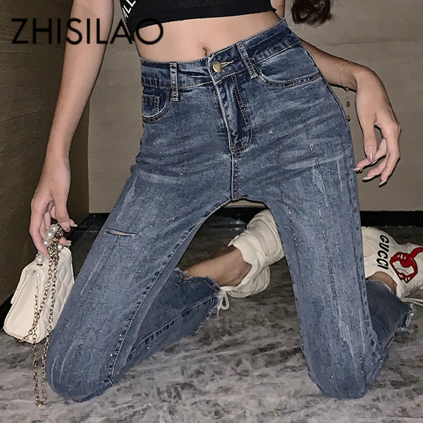 Flare Jeans Women Irregular Skinny Jeans High Waist Ripped For Women Vintage Mom Mujer Plus Size Denim Pants 2019