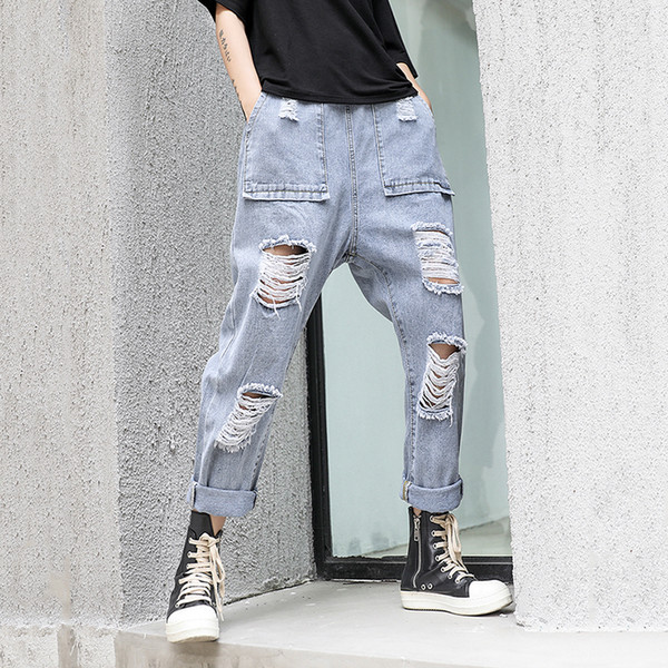 Womens Denim Pants 2019 Summer Casual Loose Jeans Pants Ladies Large size Personality Jeans Denim Women Washed Holes