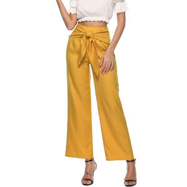 Bow Lace Up Pants New Women Lady Fashion Long Slim Trousers For Women Casual Wide Leg PantsElastic Waist Pants Black Yellow