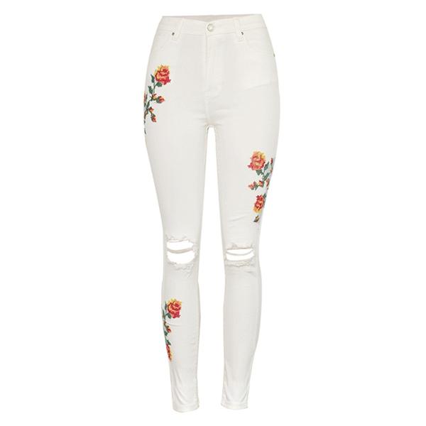 High Waist Cross Stitch Elasticity Skinny Jeans Women Personality Push Up Hollow Out Ripped EmbroideRed Pencil Pants