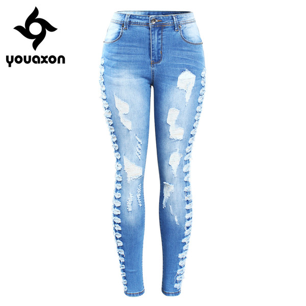 2145 Youaxon New Arrived Plus Size Stretchy Ripped Jeans Woman Side Distressed Denim Skinny Pencil Pants Trousers For Women