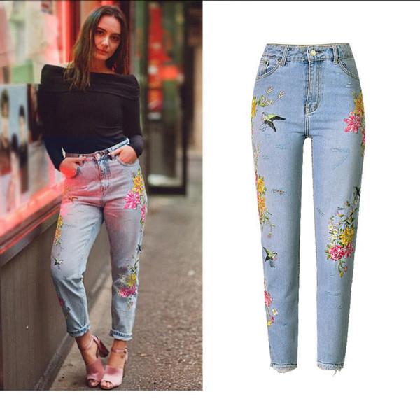 Casual Women Straight Jeans Embroidery Flower Ripped High Waist Pants Loose Female Streetwear Denim Pants