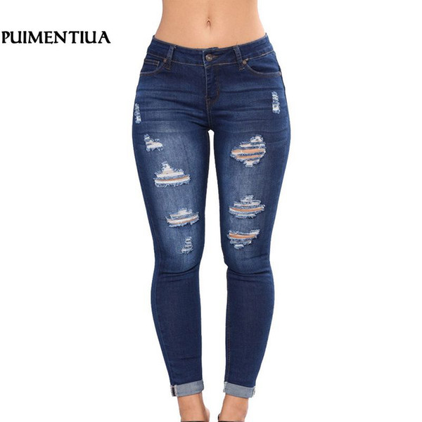 Puimentiua 2019 New Women High Waist Casual Denim Jeans Plus Size Stretch Jeans Female Riped Zipper Fly Skinny Pencil Pants