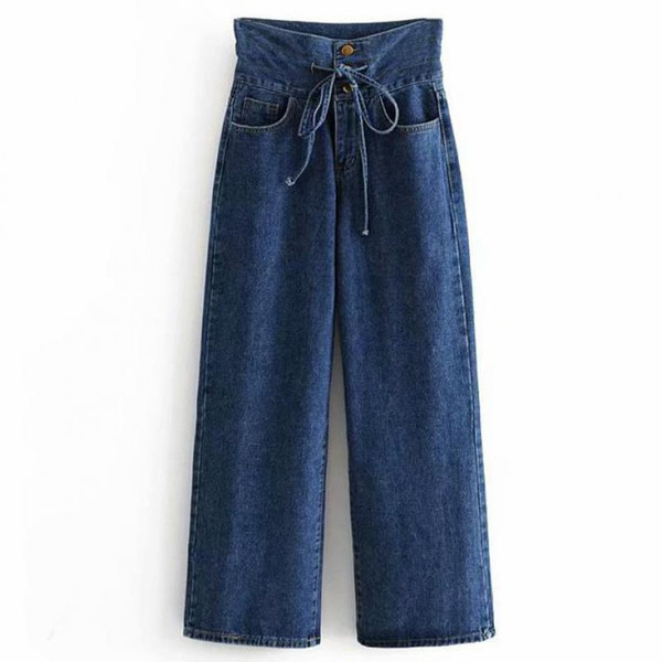 women vintage denim Wide-legged jeans pockets bottons open bow tie decorate pants ladies casual brand trousers Feminino