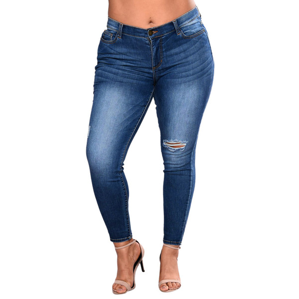 New Fashion Women Plus Size 2XL-7XL Ripped Stretch Slim Denim Skinny Jeans Pants Hot Sale Ladies Casual Mid Waist Hole Trousers