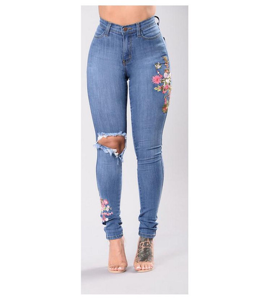 2017 Women Denim Pant Embroidery Skinny Knee Ripped Pants High Waist Stretch Jeans Slim Pencil Trousers