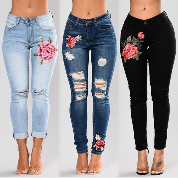 Stretch Embroidered Jeans For Women Elastic Flower Jeans Female Pencil Denim Pants Hole Ripped Rose Pattern Pantalon Femme