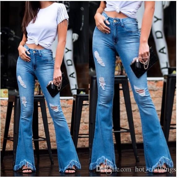 Women Flared Jean Pants Ripped Holes Skinny Wide Leg Denim Trousers Woman Elastic Jeans Female Bell Bottom Sexy Pant