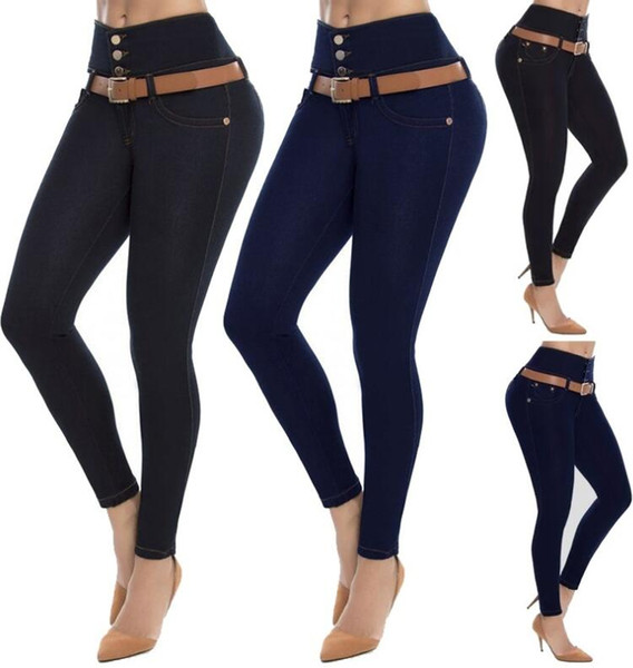 Women High Waist Pencil Denim Jeans Long Pants Slim Skinny Leggings pocket jeans 2 Colors Plus Size XXL