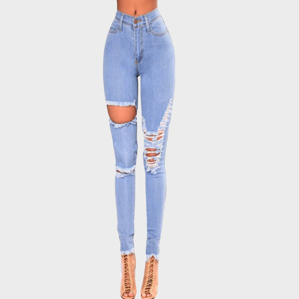 2019 SUPER DEAL women fashion Jeans Women mid Waist Skinny Pencil Blue Denim Pants ripped hole washed cotton Jeans woman