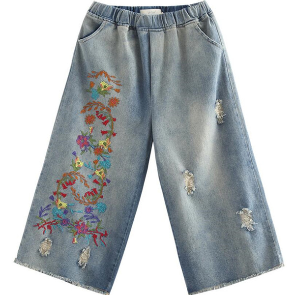 2019 autumn Literary embroidery Denim Wide leg pants women Washed hole Elastic waist jeans woman casual Calf-Length Pants w1185