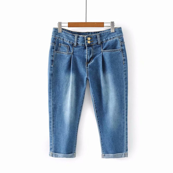 Plus size summer women fashion slim water wash hem rolled-up casual jeans female trendy calf length pencil style denim bottom