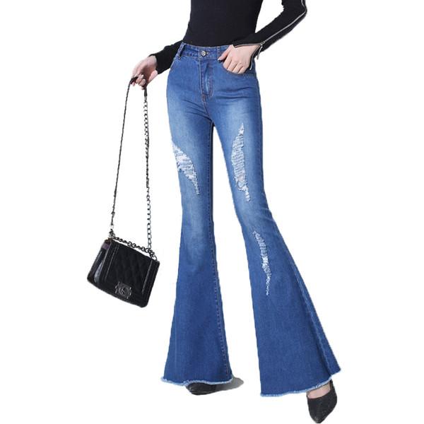 Spring and Autumn New Women's Fashion Slim Thin Denim Flare Pants Holes Joker Comfortable High Waist Jeans JQ839