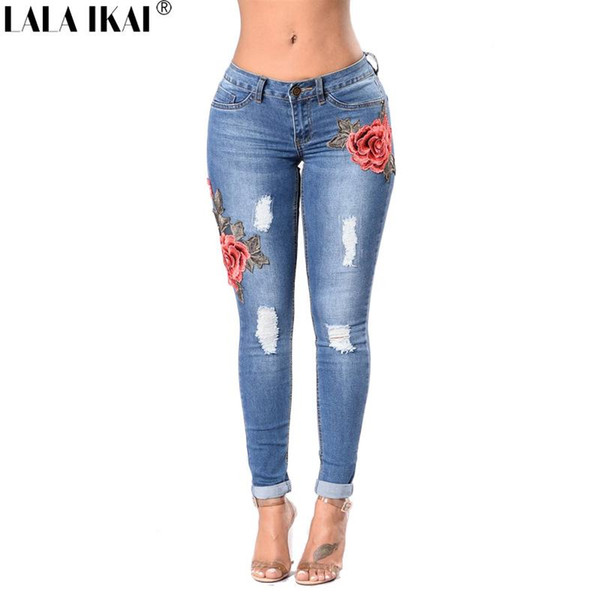 Brand Womens Jeans Cotton Skinny Embroidery Jeans Denim Women Ripped Jeans Destroyed Hip Hole Ladies Pants Plus Size KWA0197-45