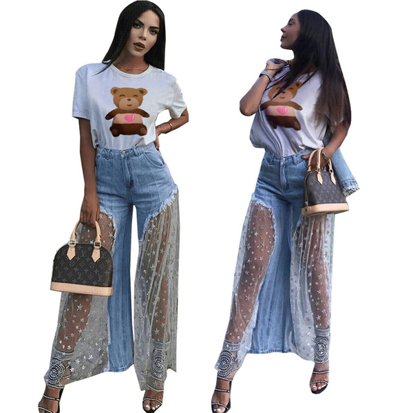 New trousers personalized stitching five-pointed star mesh stitching raw jeans stars perspective wide-leg pants women