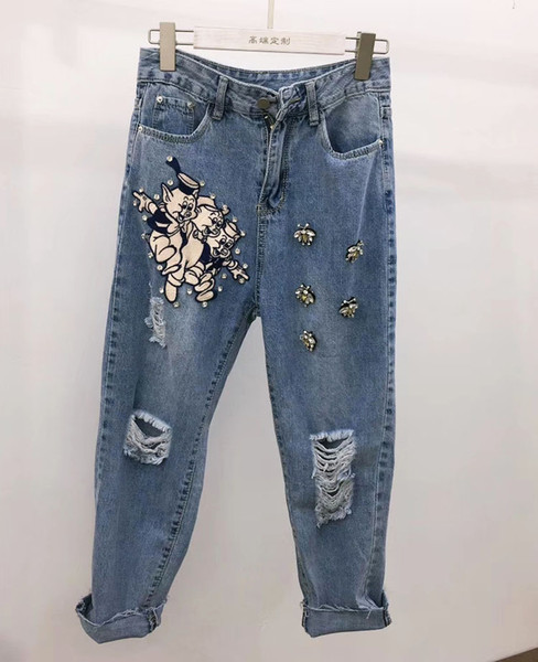 Summer New Fashion Women Jeans Three Little Pig Bees High Quality Luxury Casual Trousers Jeans Femme Size S-L