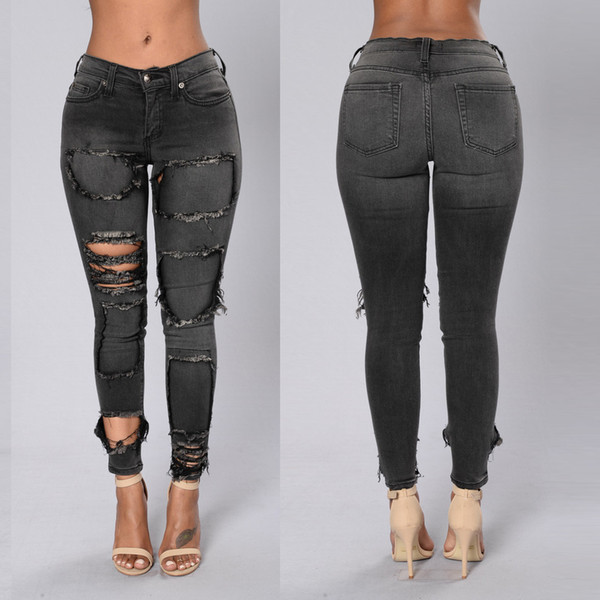 Black Womens Skinny Ripped Jeans Low Rise Vintage Fashion Slim Fit Distressed Hole Denim Jeans S-2XL