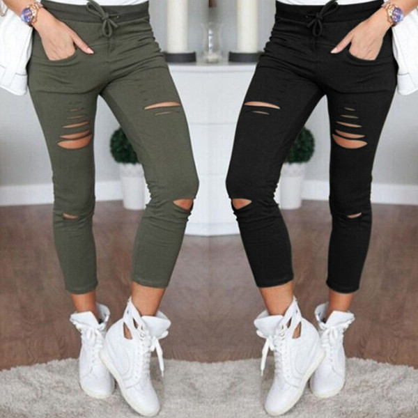 New Skinny Jeans Women Denim Pants Holes Destroyed Knee Pencil Pants Casual Trousers Black White Stretch Ripped Jeans