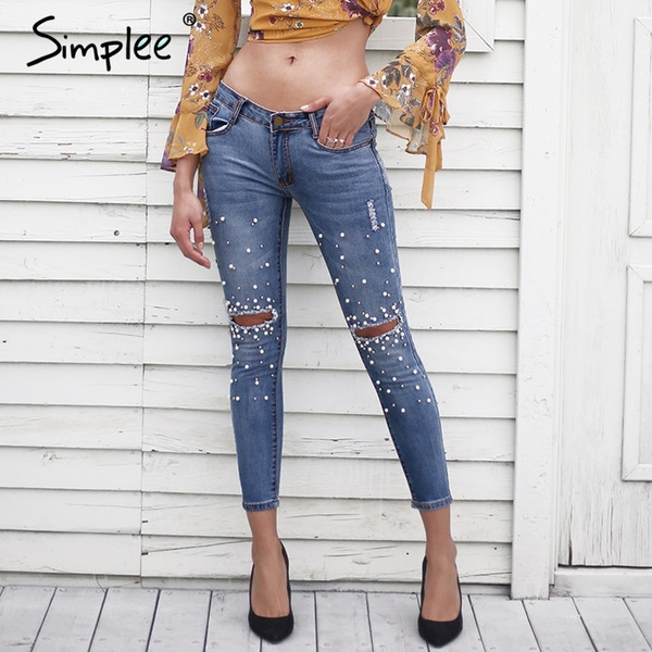 e Streetwear Pearl Hole Jeans Female Casual Pocket Skinny Pencil Jean Pants Destroyed Ripped Denim Jean Women Trousers