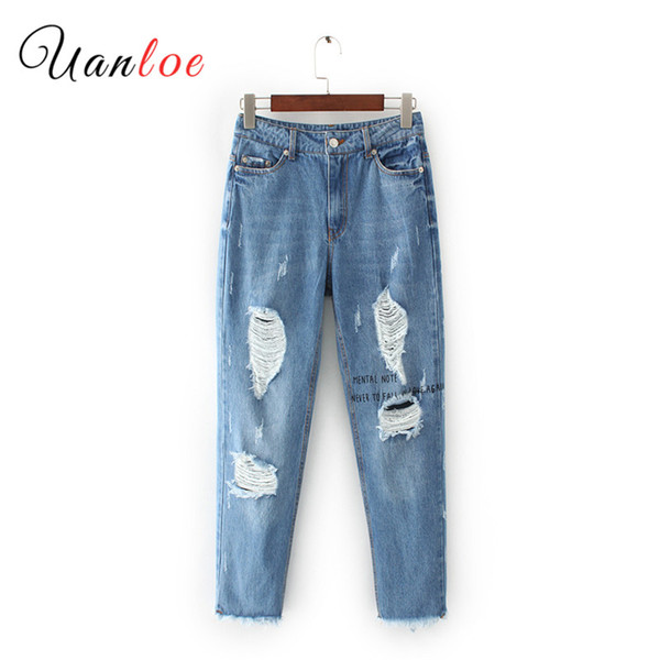 2018 Spring Women Ripped Hole Letter Printing Washed Denim Pants Female Fashion Mid Waist Street Wear Loose Ankle-length Jeans