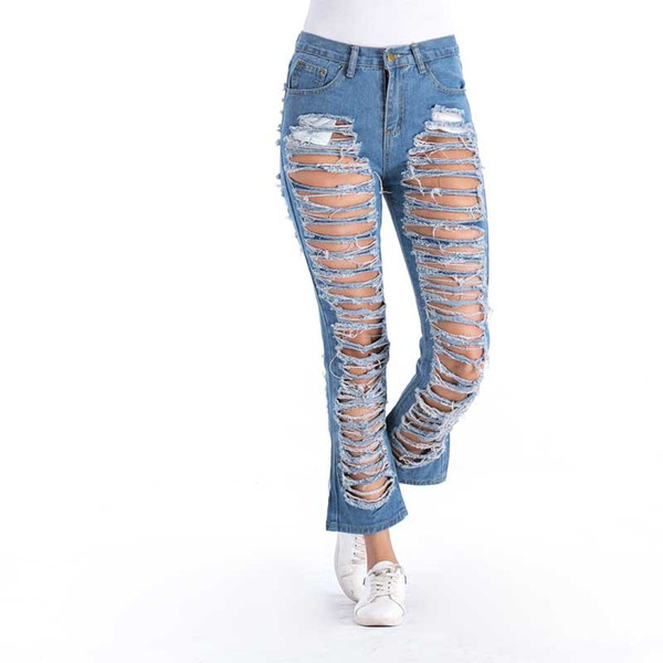 Sexy Ripped Flare Pants Women Vintage Mom Loose Middle Waist Jeans Straight Hole Pants Femme Washed Denim Jeans Classic Trousers