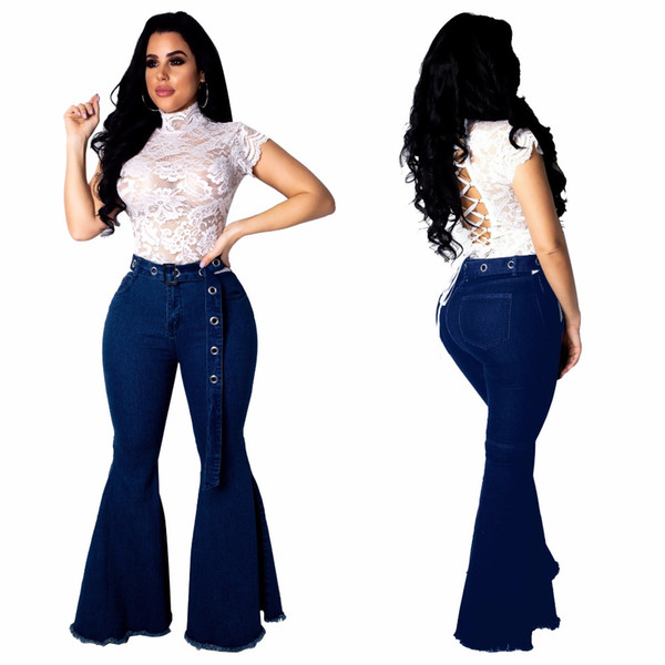 2019 New Women Hole Cut Out High Waist Boot Cut Sashes Long Jeans Fashion Active Wear Long Denim Pants Summer Trouser 8901