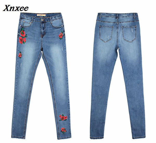 2018 casual sexy blue jeans woman cotton denim trousers skinny embroidery print pattern ripped pencil pants cowboy jeans femme