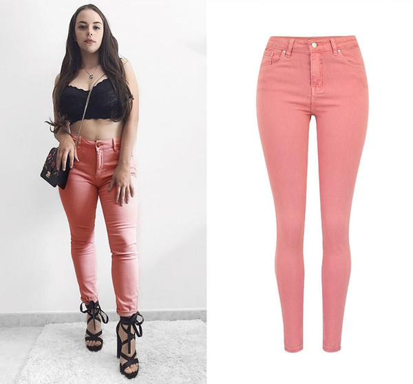 Cute Pink Jeans Women Stretchy High Waist Ladies Jeans Plus Size Slim Femme Skinny Denim Pant