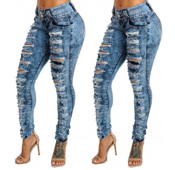 E-BAIHUI 2019 new fashion casual commute hole high waist small feet buttonhole jeans women's clothing L723