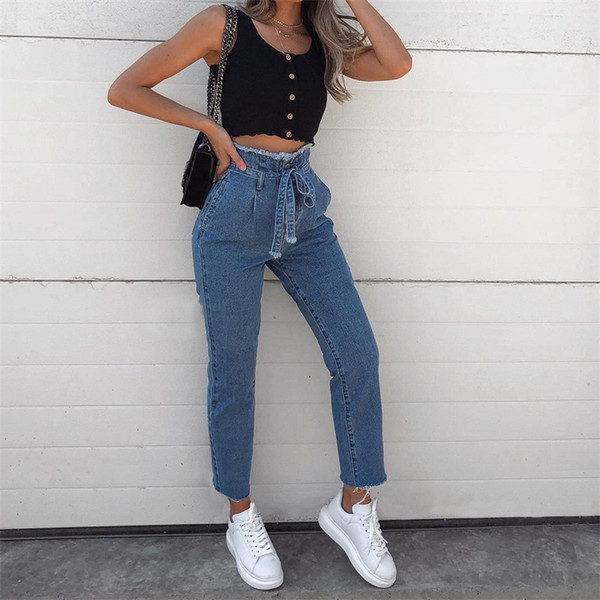 E-BAIHUI 2019 Spring Women Hight Waisted Loose Bow Bandage Hole Denim Jeans Streetwear Stretch Pants Female Trousers New Arrival L306