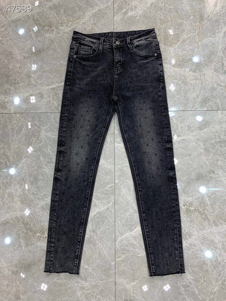 2020 Spring Summer Jeans Female Denim Pants Korean Fashion Pencil Pants Rhinestone Letters Black Runway Denim Elastic Trousers for Ladies