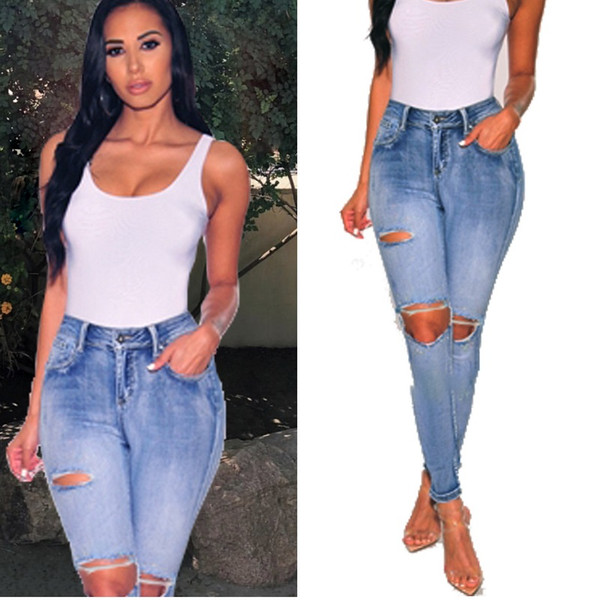 Womens Jeans Skin Tight Sexy Blue Jeans Washed Hole Denim Pants Ready to Ship Women High Street Model Jeans