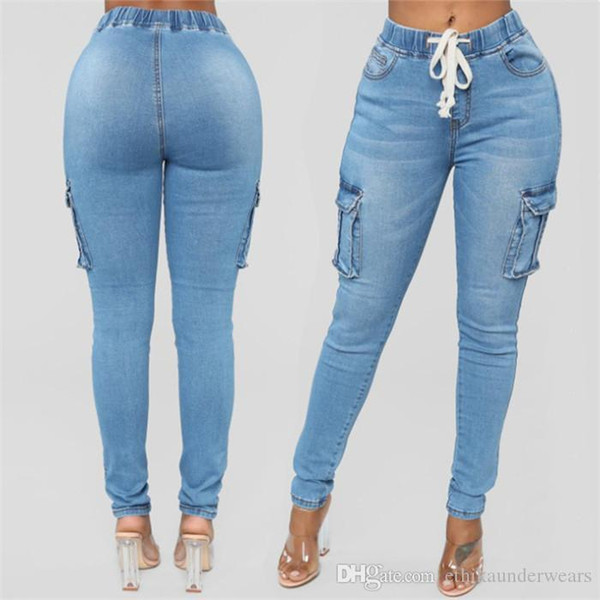 5XL Women Pencil Jeans Summer High Waist Light Blue Skinny Jeans Ladies Elastic Waist Long Pants