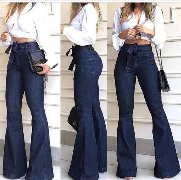 South American High-waisted Micro Elastic-Lace-up Bell-bottom Pants Wide Leg Pants Jeans