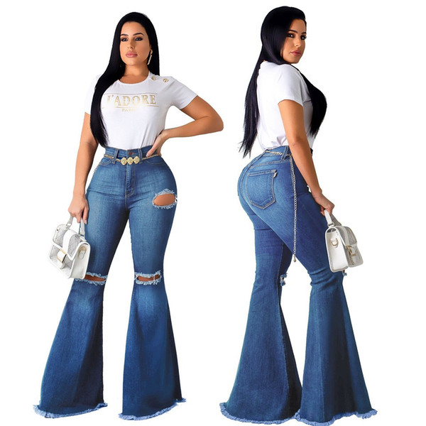 Jeans Mujer 2020 New Fashion Women Sexy Skinny Wide-Leg Denim Pants Ripped Hole Distressed Big Flare Jean Trousers Floor Length Jeasy Female