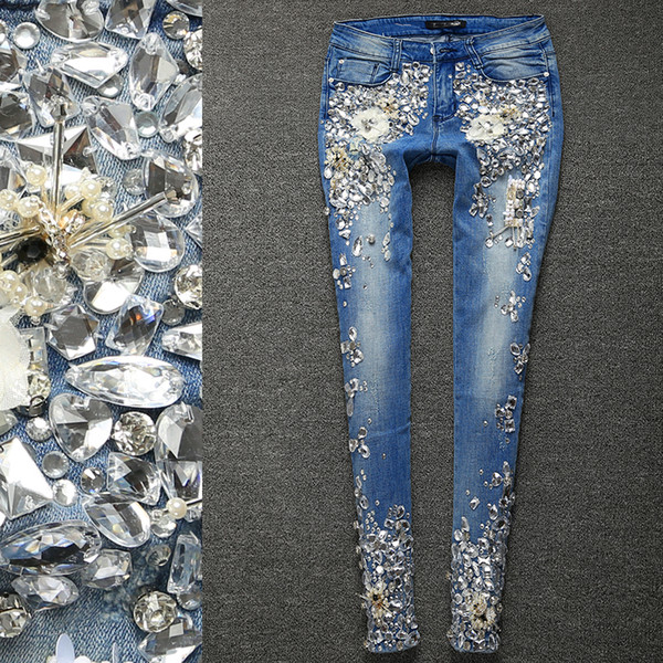 Brand Women Luxury Rhinestones Diamond Leggings Denim Jeans Women Pants Skinny Stretch Plus Size Pencil Slim Vintage Trouser