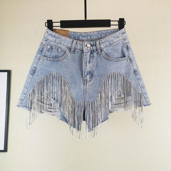 Nail Diamond Tassel Denim Shorts Women Wid Leg Summer Heavy Tassels Thin Waist Jean Shorts OOA7013