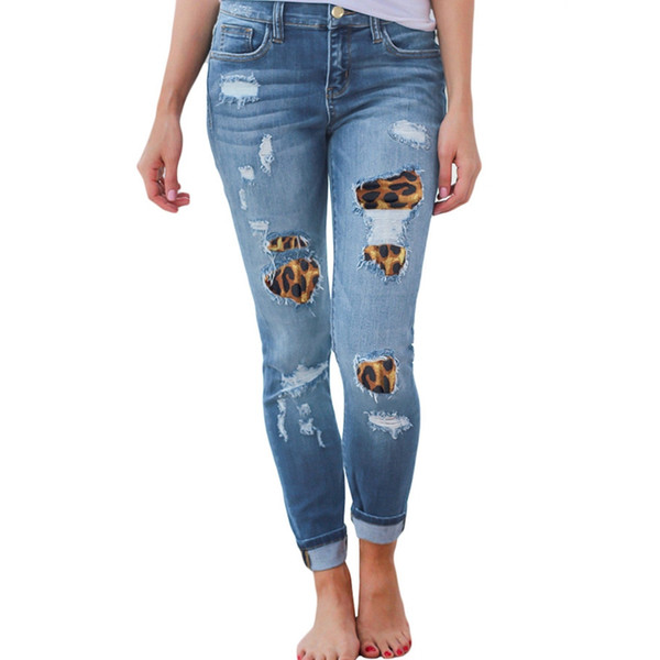 Womens Plus Size High Waist Skinny Jeans Solid Leopard Patchwork Irregular Ribbed Holes Long Pencil Pants Casual Stretch Slim