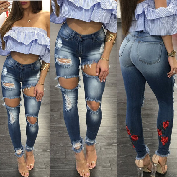 2018 New Arrivals Women Ladies Stretch Ripped Skinny High Waisted Jeans Fashion Flower Pencil Pants Jeans