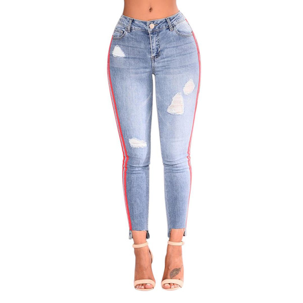 Women High Waist Stretchy Ripped Hole Pencil Jeans Ladies Casual Washed Jeans Striped Webbing Feet Pants Denim Trousers