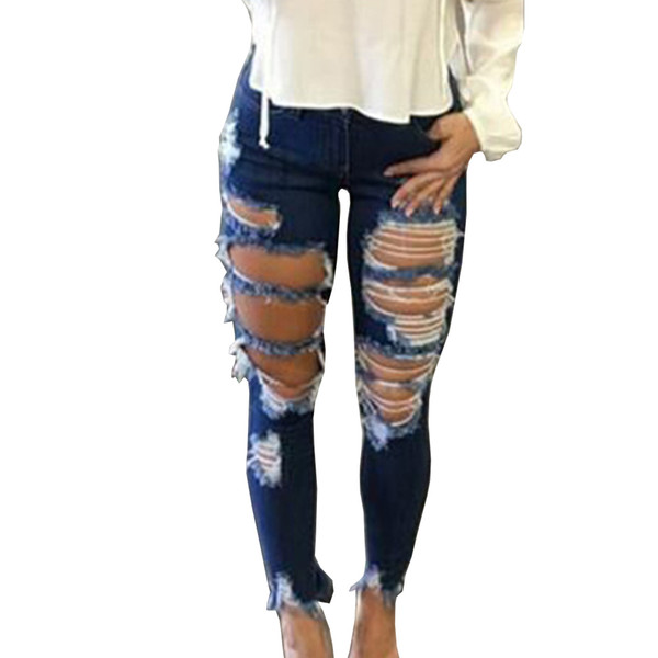 New Skinny Jeans Women Denim Pants Holes Destroyed Knee Pencil Pants Casual Trousers Jeans Stretch Ripped