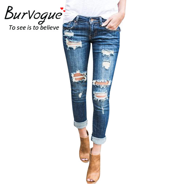 Burvogue Fashion Low Waist Distressed Jeans New Ladies Cotton Denim Pants Stretch Womens Ripped Skinny Denim Jeans Trousers